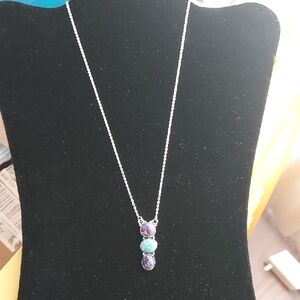 Elegant Sterling Silver Amethyst and turquoise. Pendant Necklace 16 Inch W/2 ext